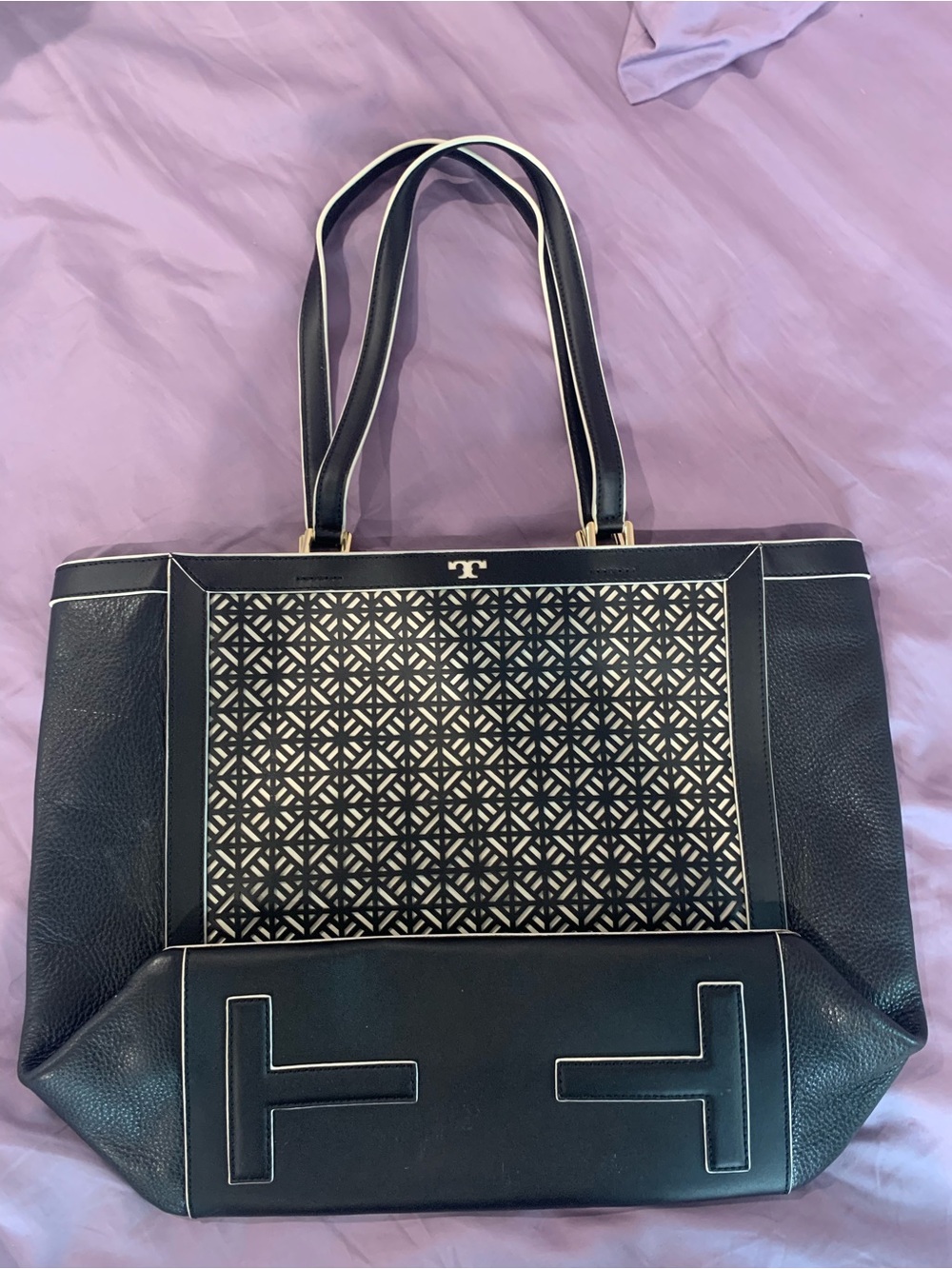 Tory Burch Black and Cream Geometric Tote